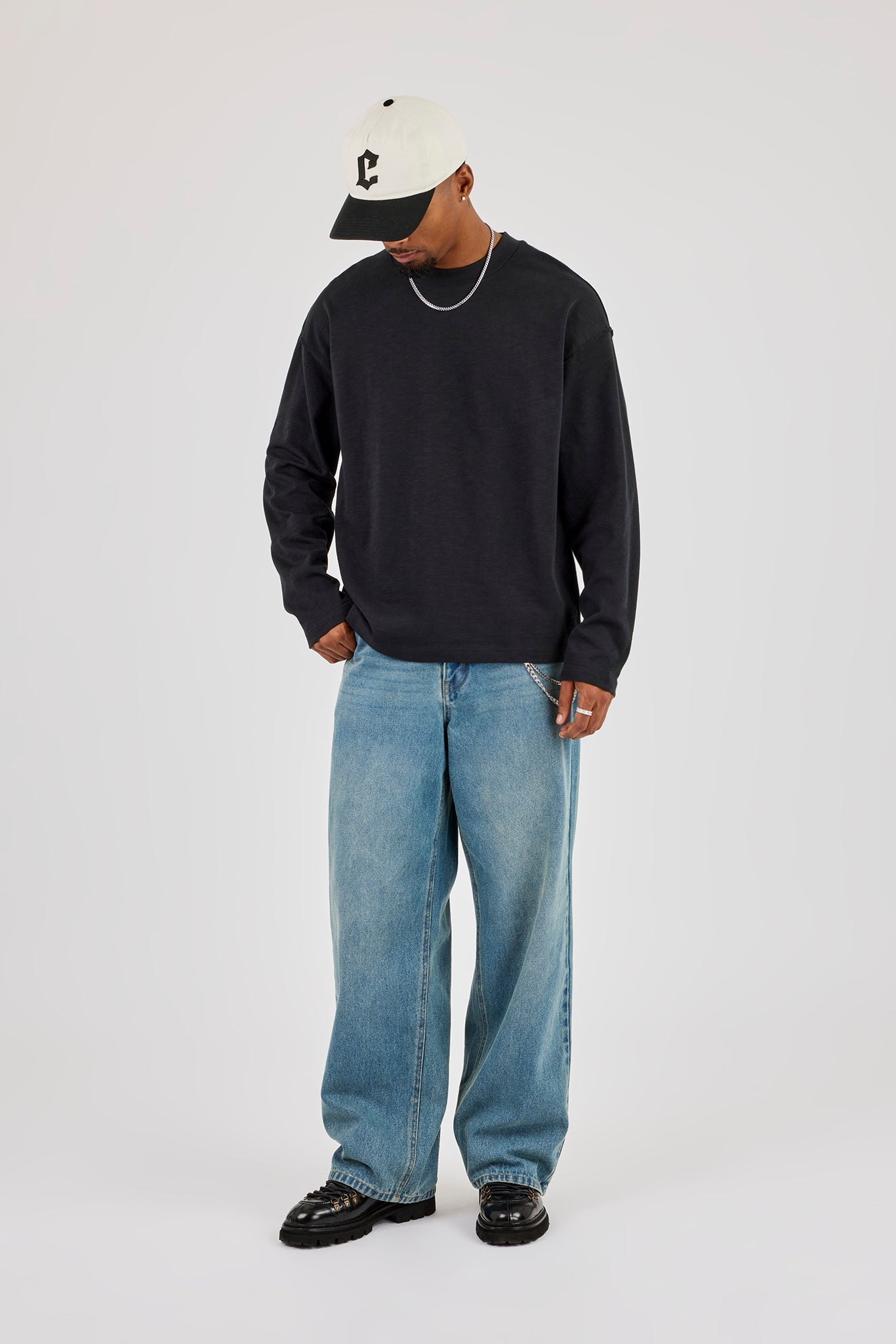Long Sleeve Seam Detail Slub T-Shirt - Black