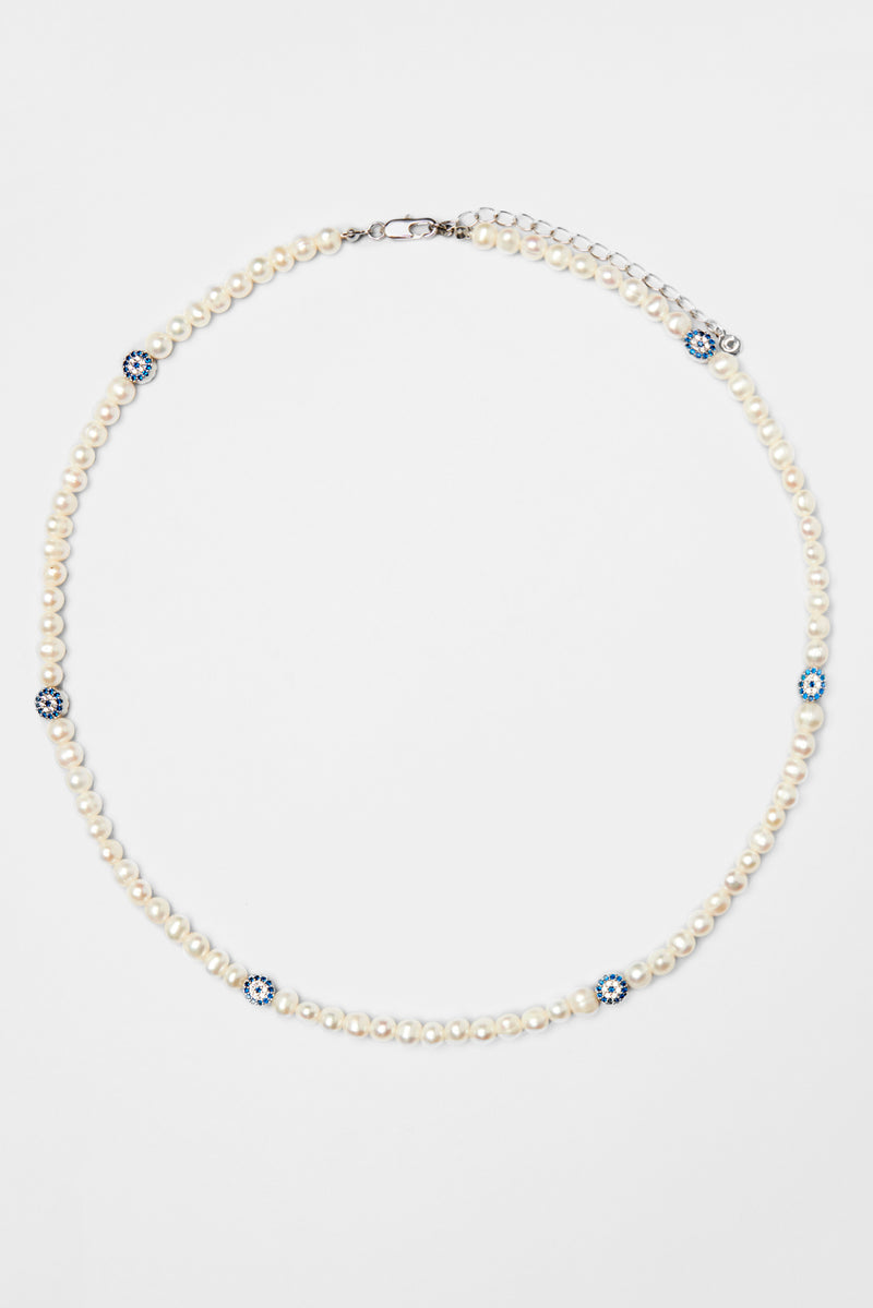 Freshwater Pearl and Iced Evil Eye Necklace