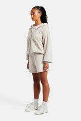 C Embroidered Zip Through Hoodie & Short Set - Stone