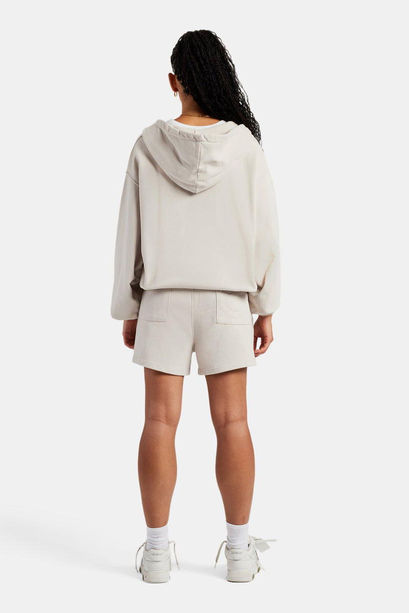 C Embroidered Zip Through Hoodie & Short Set - Stone