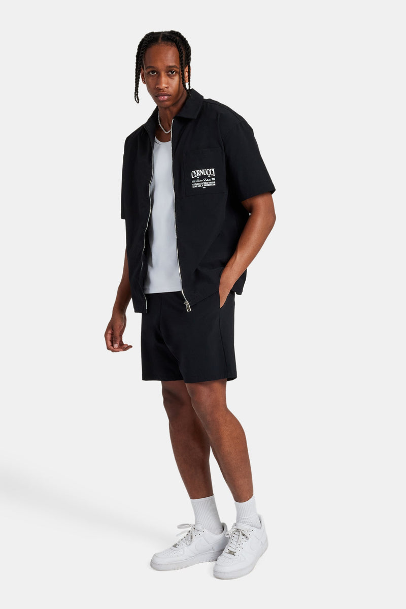 Text Pocket Zip Front Shirt & Short - Black