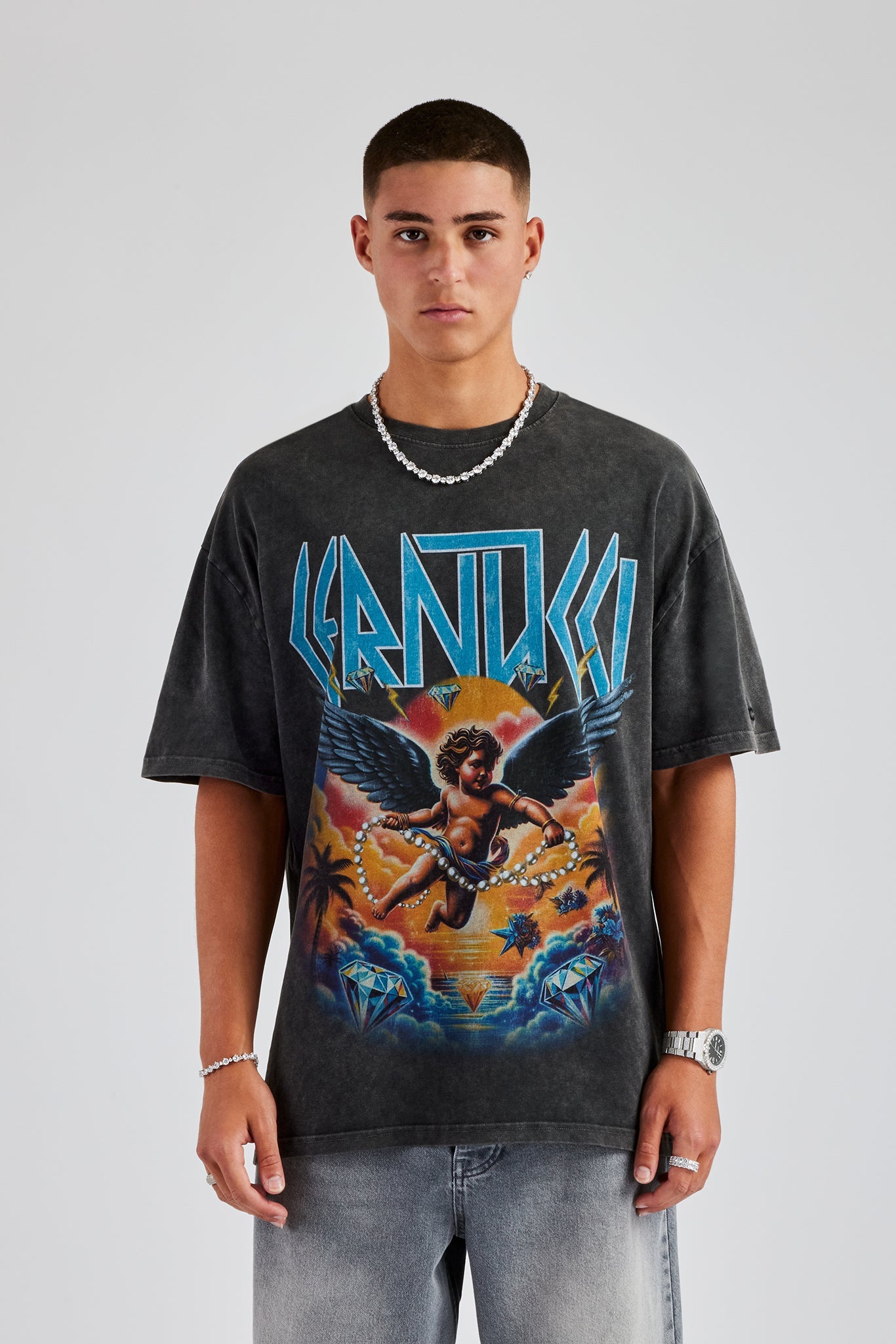 Vintage Wash Cherub Logo Oversized T-Shirt - Charcoal