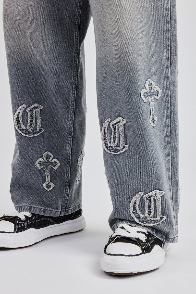 Raw Edge Applique Cross Baggy Jean - Grey Wash