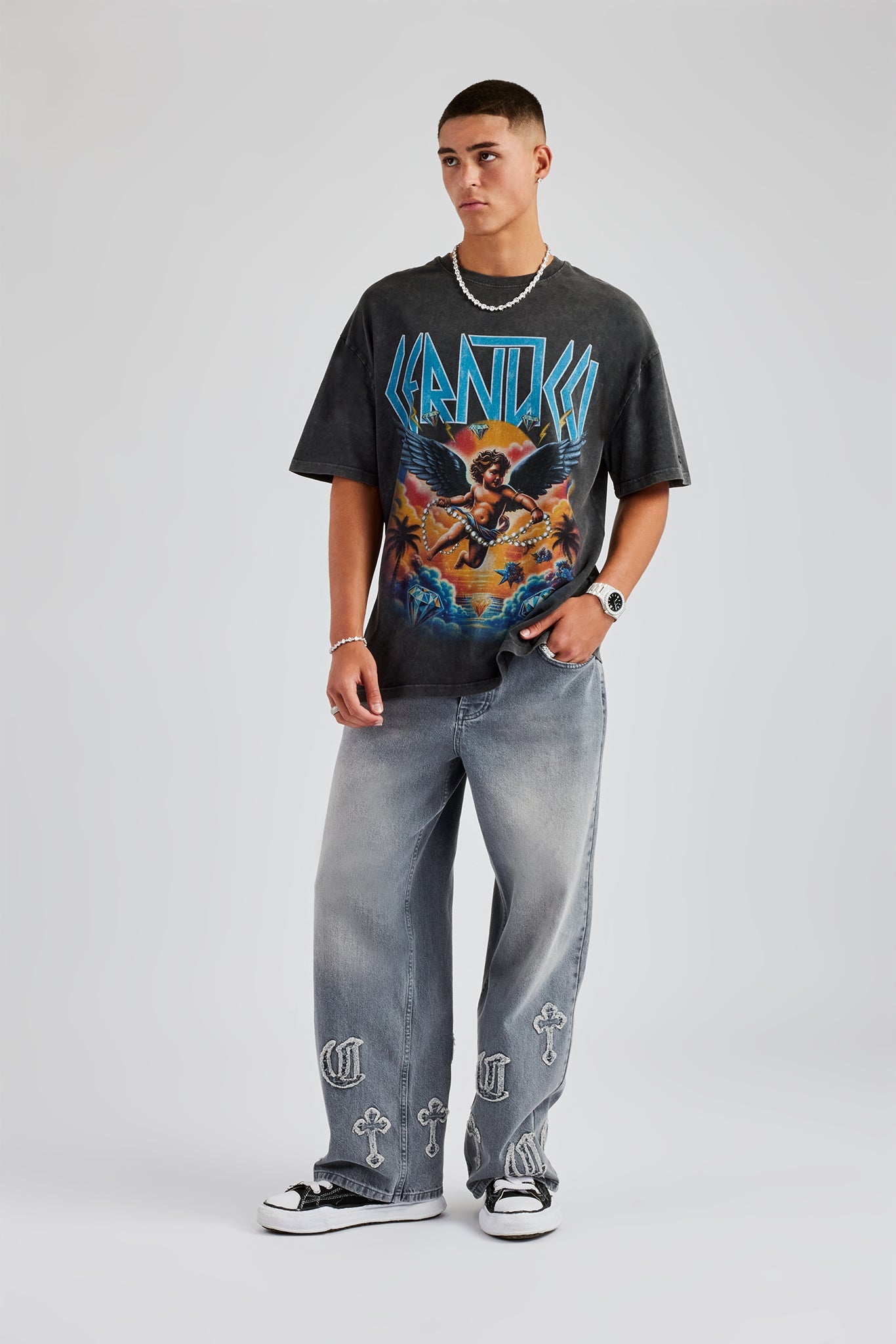 Raw Edge Applique Cross Baggy Jean - Grey Wash | Mens Denim | Shop