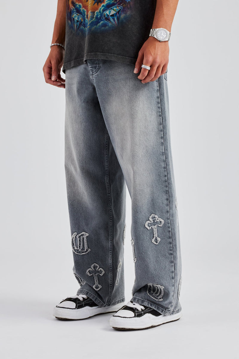 Raw Edge Applique Cross Baggy Jean - Grey Wash