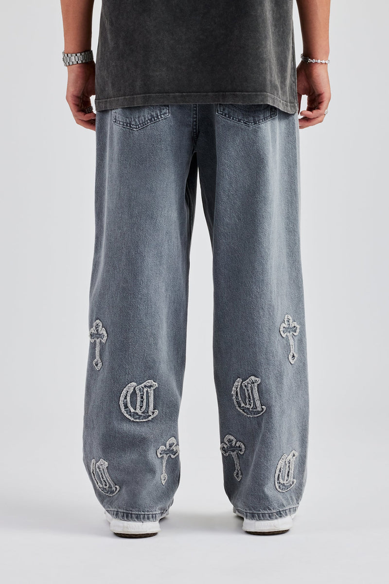 Raw Edge Applique Cross Baggy Jean - Grey Wash