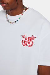 White Embroidered Crest Oversized T-Shirt & Red Jersey Short