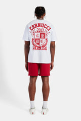 White Embroidered Crest Oversized T-Shirt & Red Jersey Short