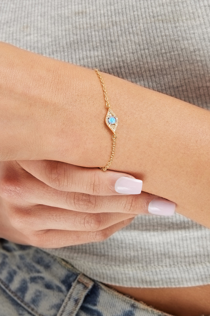 Iced Blue Opal Mini Evil Eye Bracelet - Gold