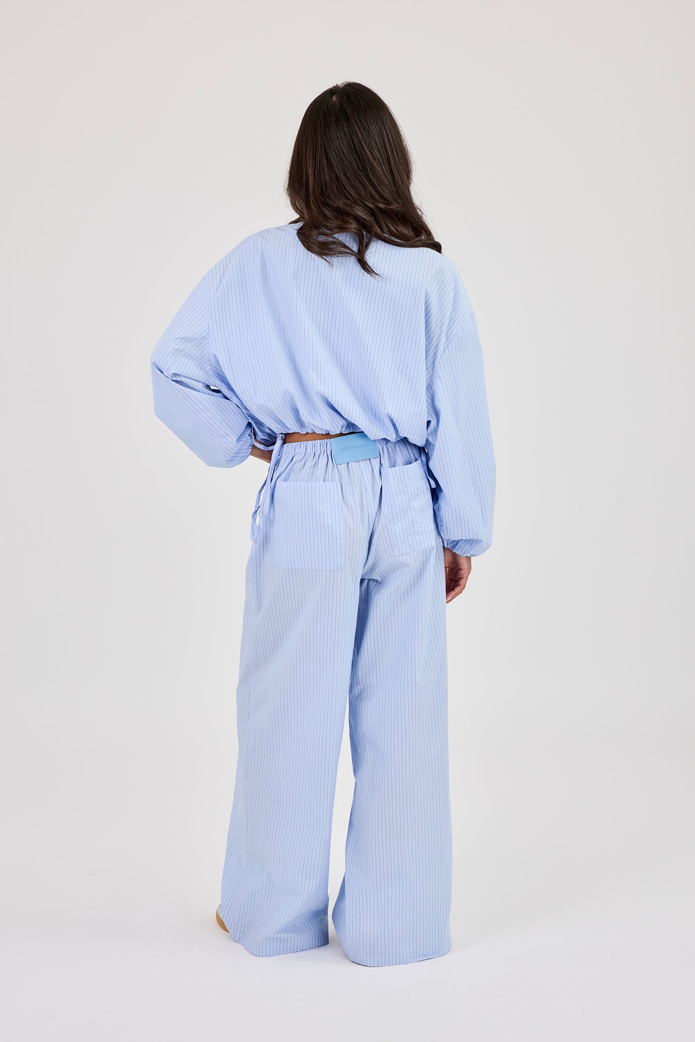 Nylon Striped Funnel Neck Jacket & Wide Leg Trouser – Baby Blue