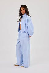 Nylon Striped Funnel Neck Jacket & Wide Leg Trouser – Baby Blue
