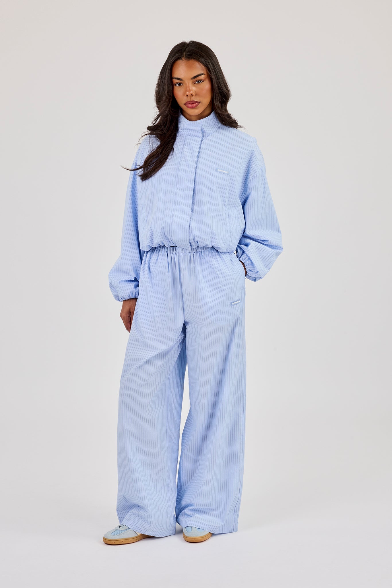 Nylon Striped Funnel Neck Jacket & Wide Leg Trouser – Baby Blue