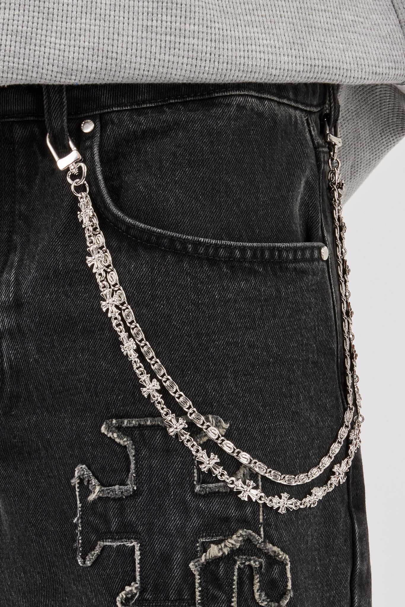Denim Applique Jort & 10mm Polished Double Layer Cross Motif Jean Chain - Washed Black