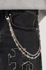 Denim Applique Jort & 10mm Polished Double Layer Cross Motif Jean Chain - Washed Black