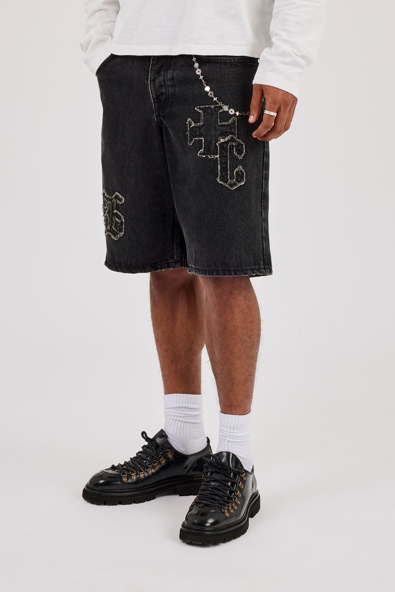 Denim Applique Jort & 10mm Cernucci Motif Jean Chain - Washed Black