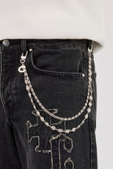 Denim Applique Jort & 10mm C Branded Double Layer Rose Motif Jean Chain - Washed Black