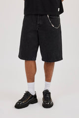 Denim Bermuda Jorts & 10mm Cernucci Motif Jean Chain - Washed Black