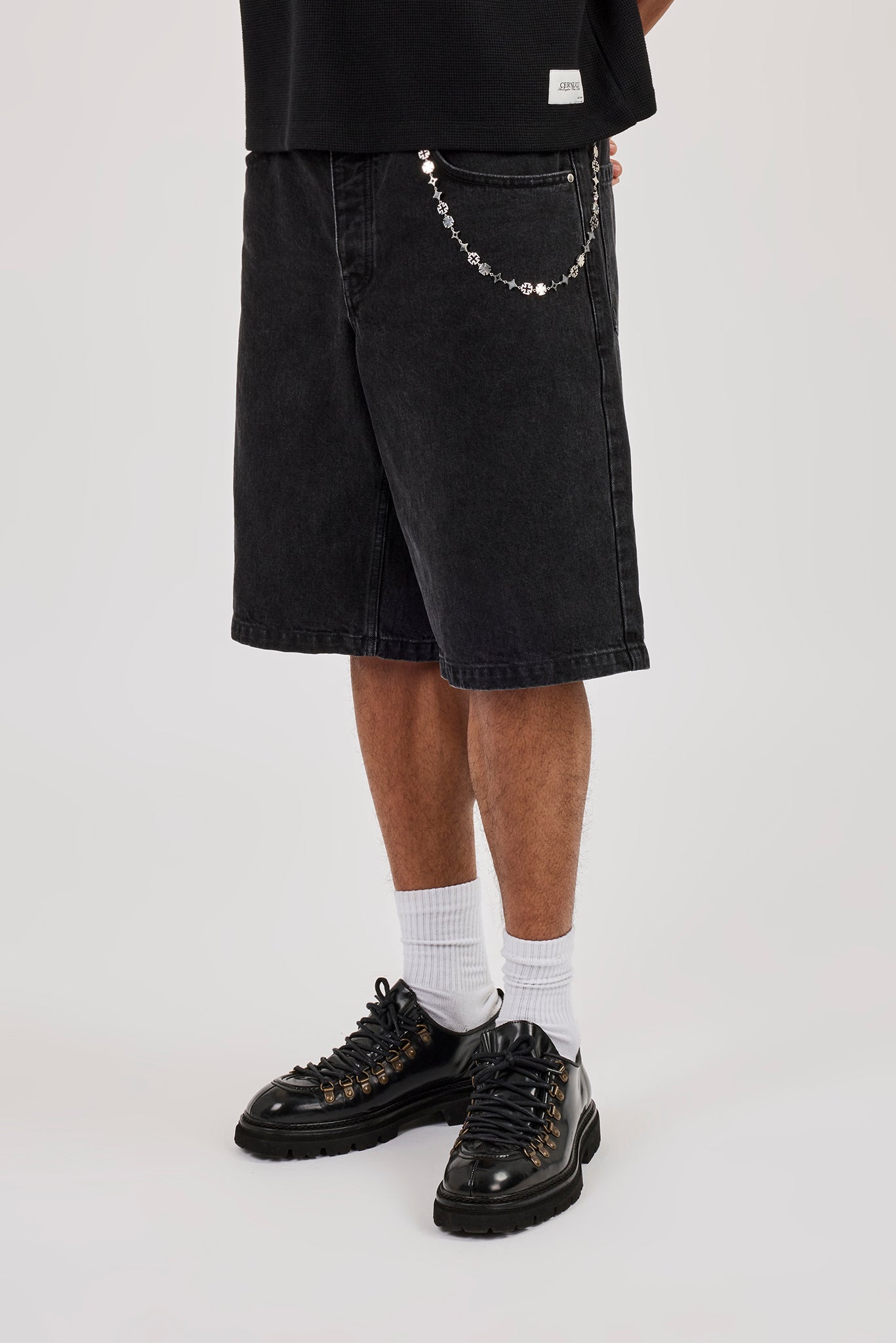 Denim Bermuda Jorts & 10mm Cernucci Motif Jean Chain - Washed Black