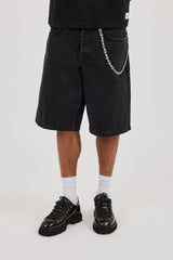 Denim Bermuda Jorts & 10mm Polished Multi Cross Polished Jean Chain - Washed Black