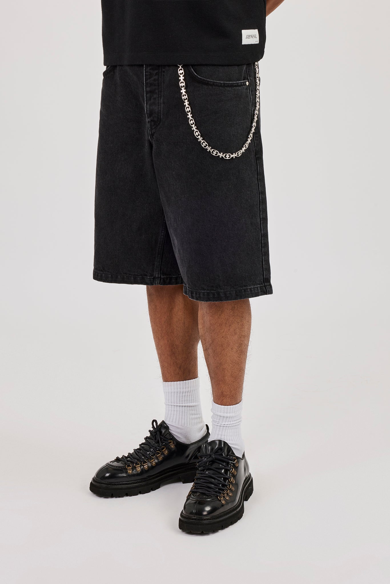 Denim Bermuda Jorts & 10mm Polished Multi Cross Polished Jean Chain - Washed Black