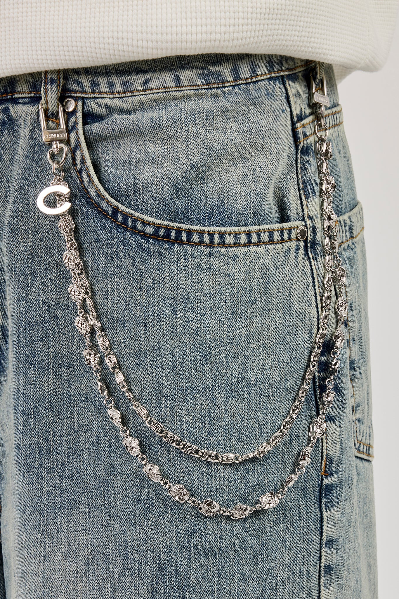 Denim Baggy Jort & 10mm C Branded Double Layer Rose Motif Jean Chain - Antique Wash