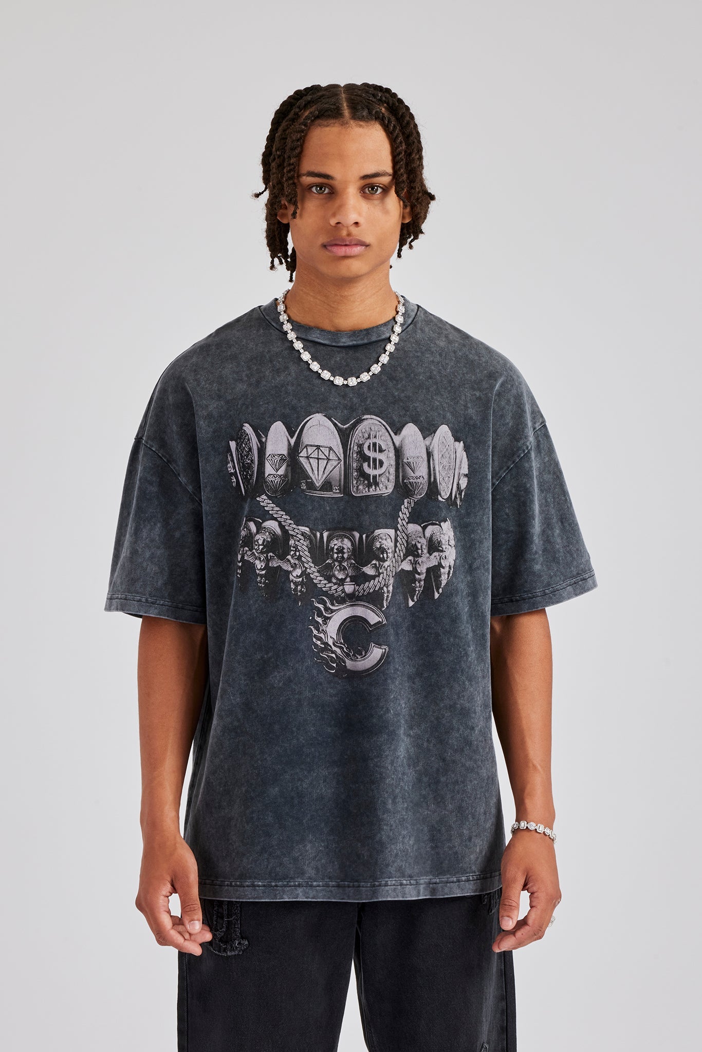 Acid Wash Diamond Grills Graphic Oversized T-Shirt | Mens Tees