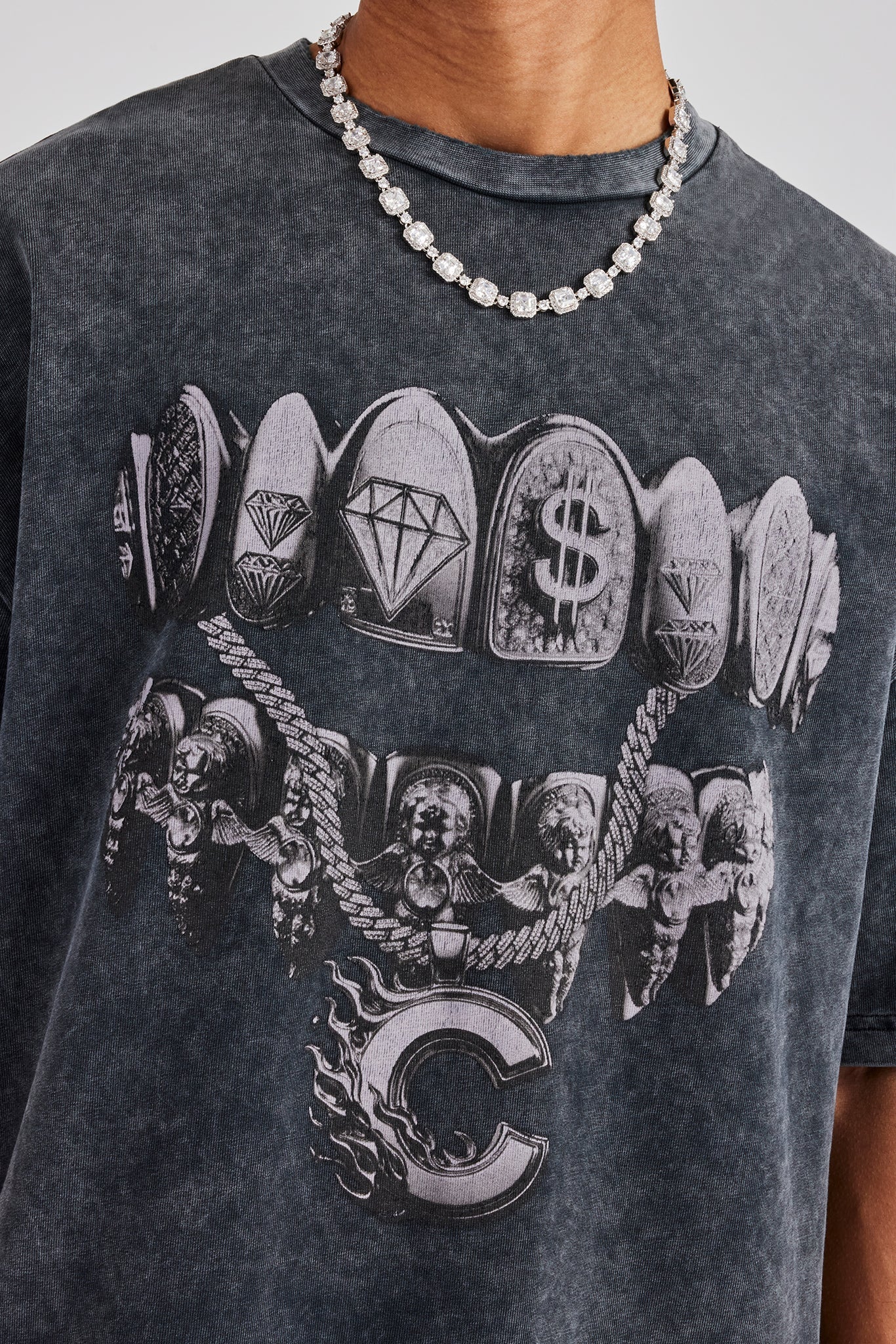 Acid Wash Diamond Grills Graphic Oversized T-Shirt | Mens Tees
