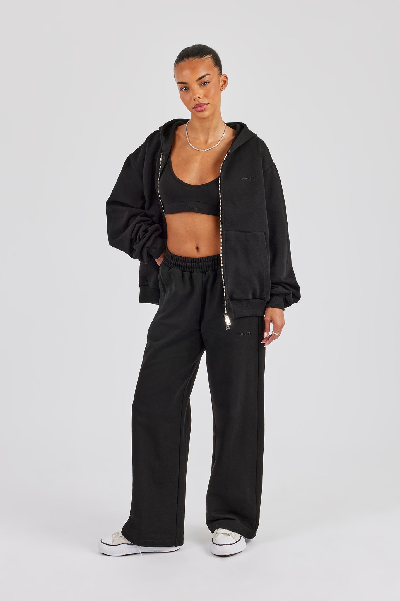 Cernucci Oversized Zip Through Hoodie & Wide Leg Jogger - Black