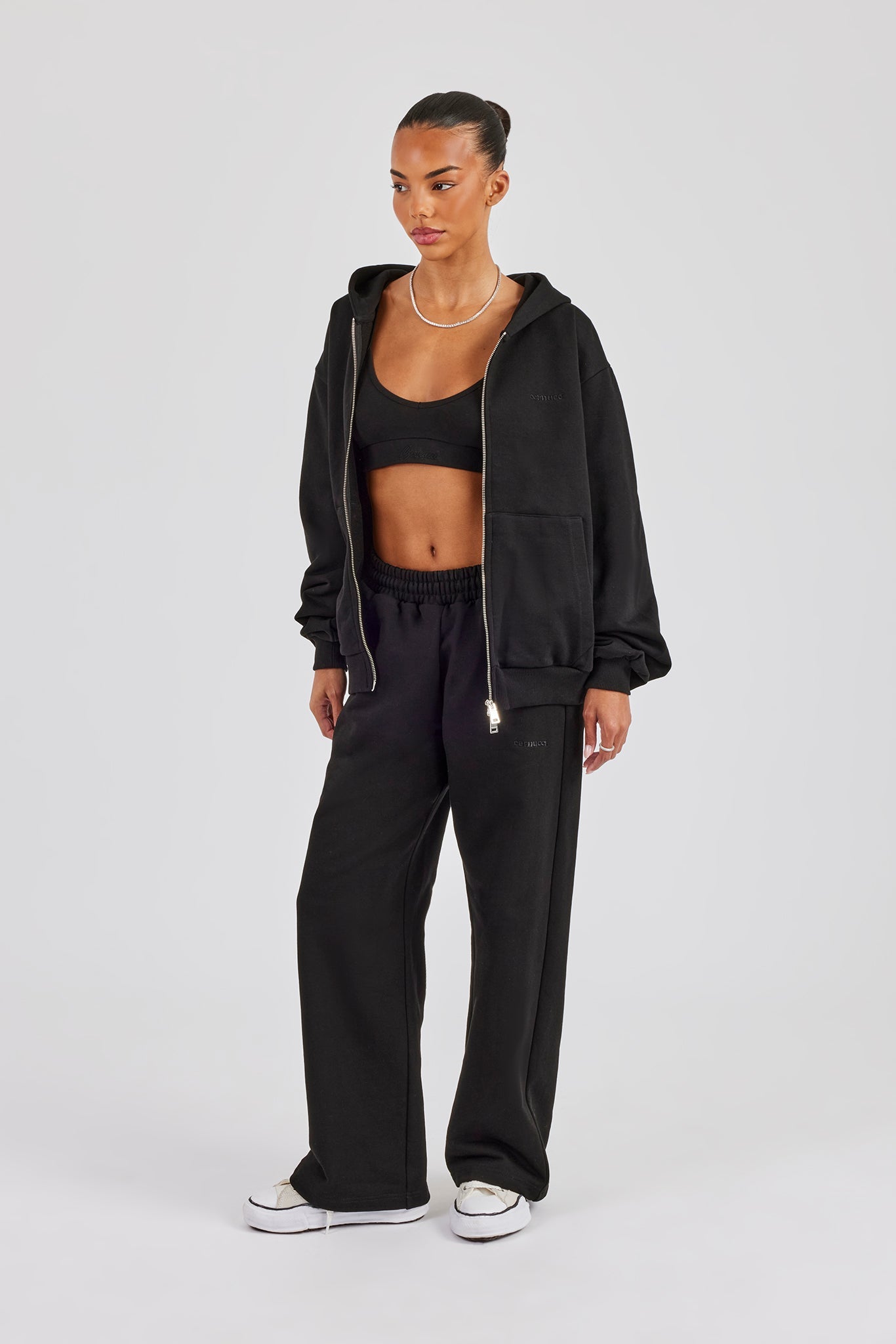 Cernucci Oversized Zip Through Hoodie & Wide Leg Jogger - Black