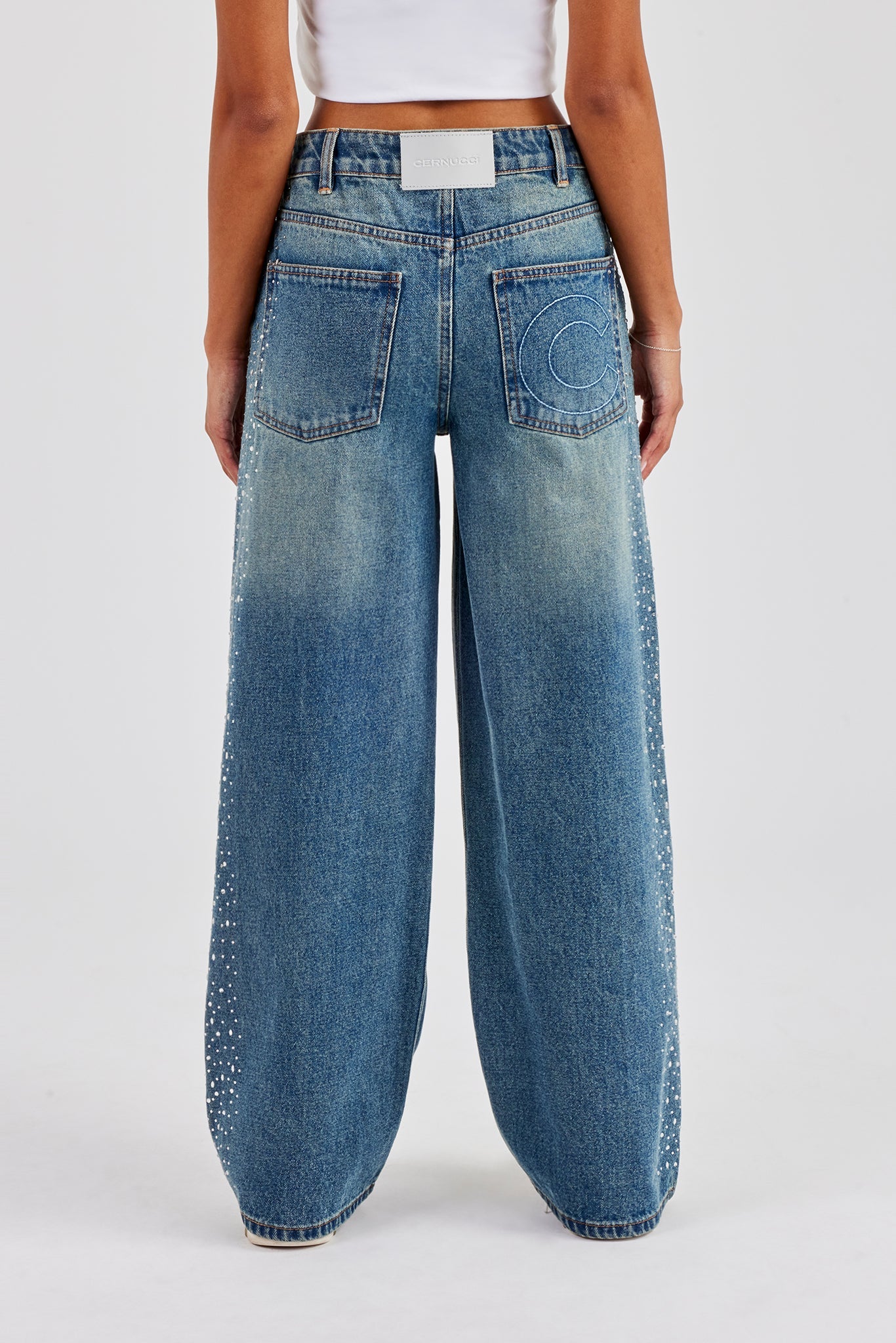 Baggy Rhinestone Side Detail Jeans - Antique Wash