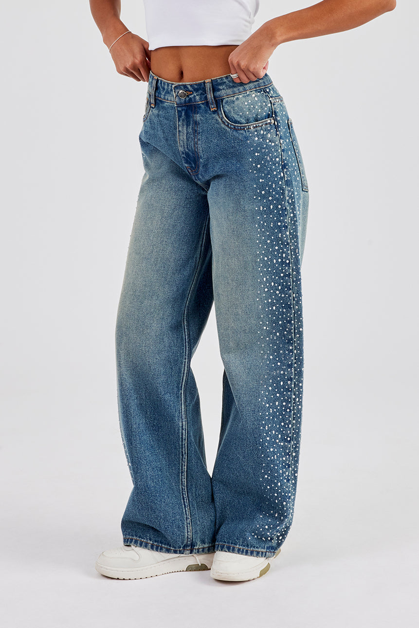 Baggy Rhinestone Side Detail Jeans - Antique Wash