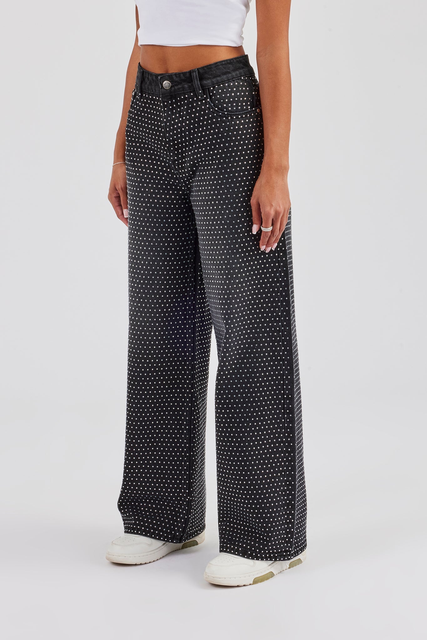 Womens Baggy Fit Rhinestone Jeans - Washed Black