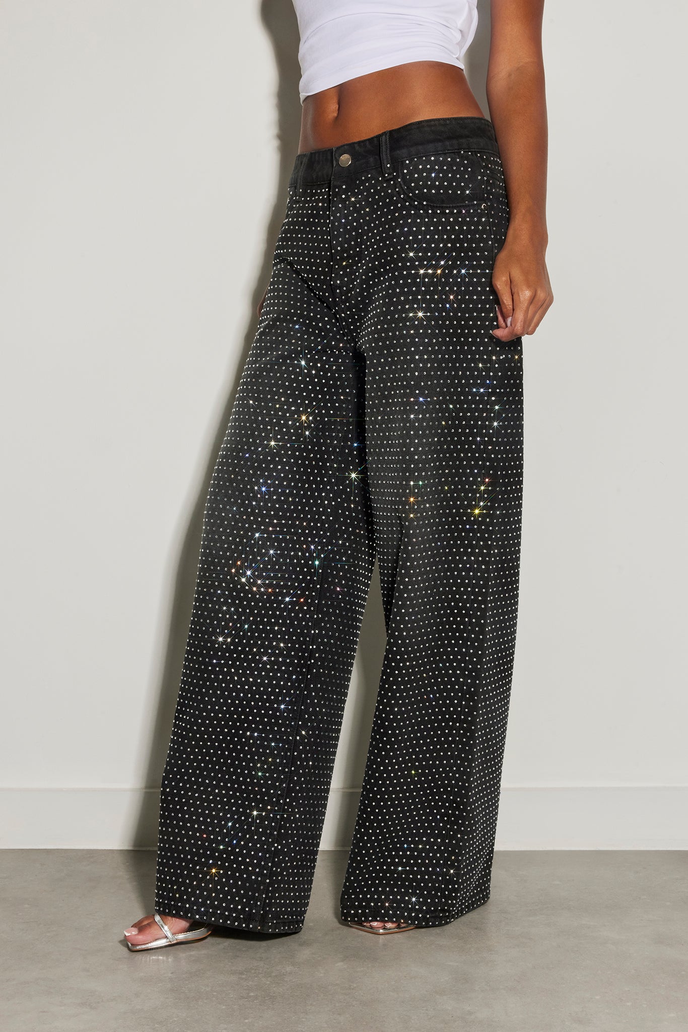 Womens Baggy Fit Rhinestone Jeans - Washed Black