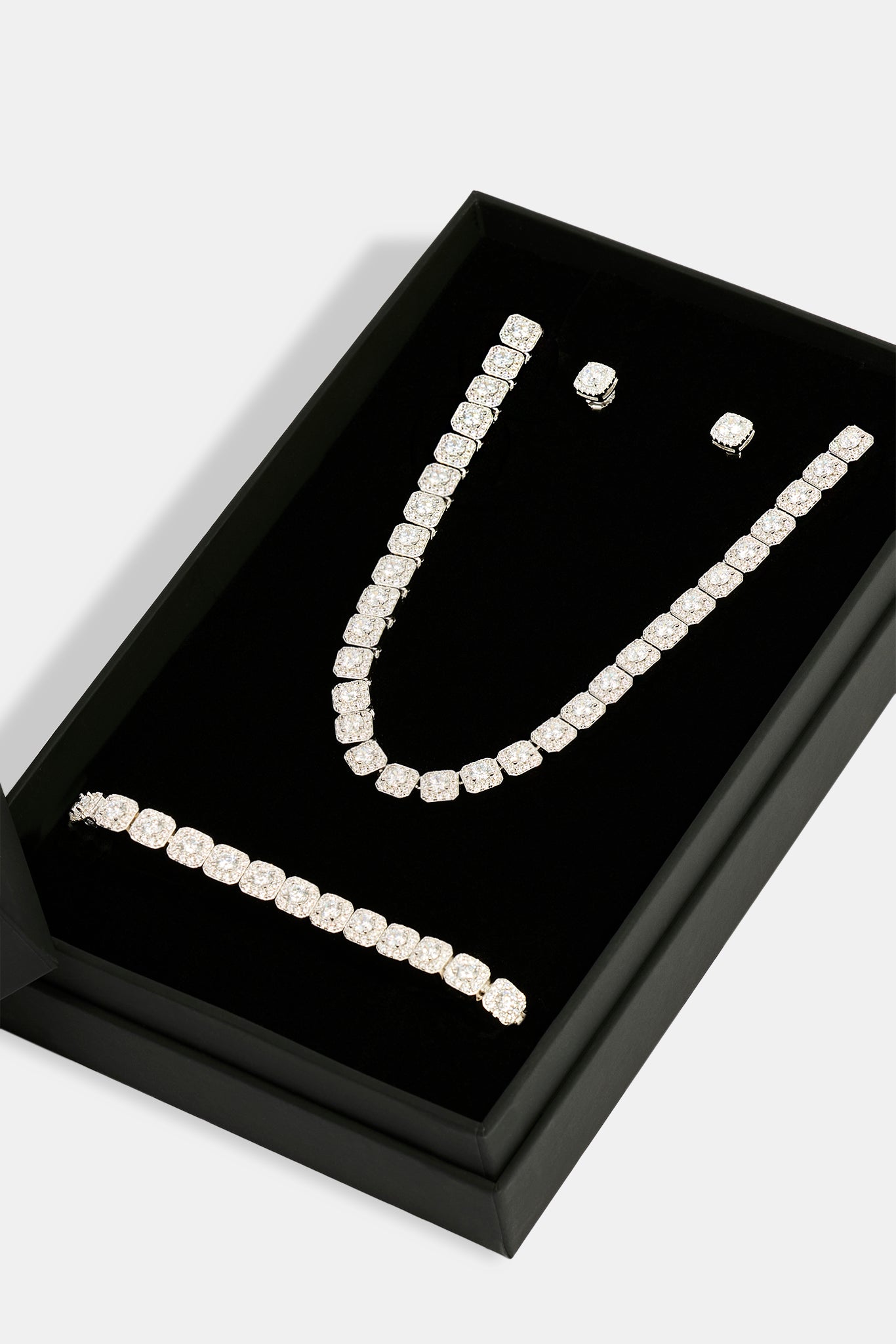 Clustered Tennis Chain, Bracelet & Iced Cluster Stud Earrings Set - 7mm - White