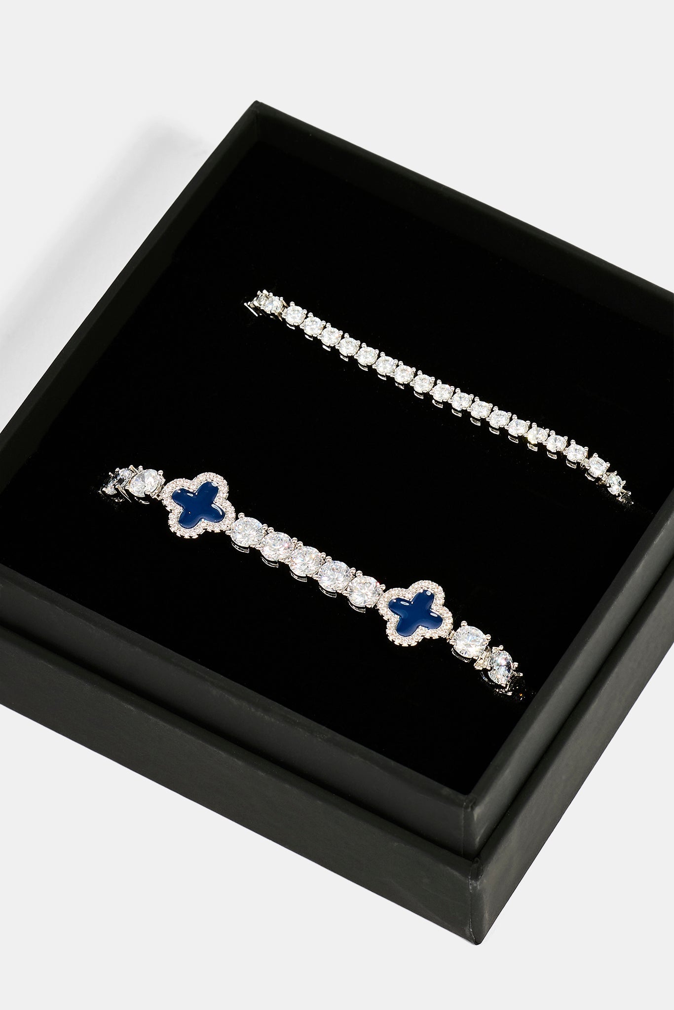 3mm Tennis Bracelet & 5mm Blue Motif Tennis Bracelet Set - White