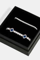 3mm Tennis Bracelet & 5mm Blue Motif Tennis Bracelet Set - White