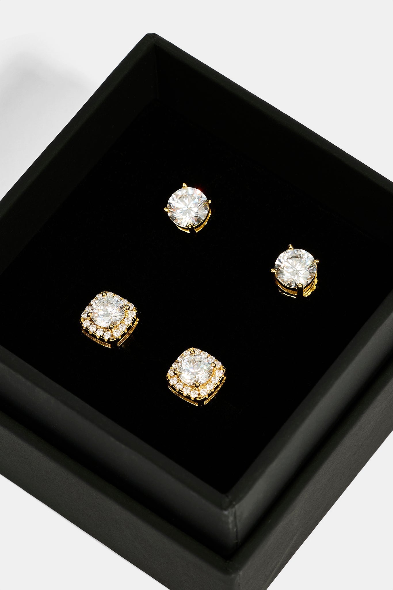 7mm Iced Cluster Stud Earrings & 6mm Round Cut Stud Earrings - Gold