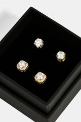 7mm Iced Cluster Stud Earrings & 6mm Round Cut Stud Earrings - Gold