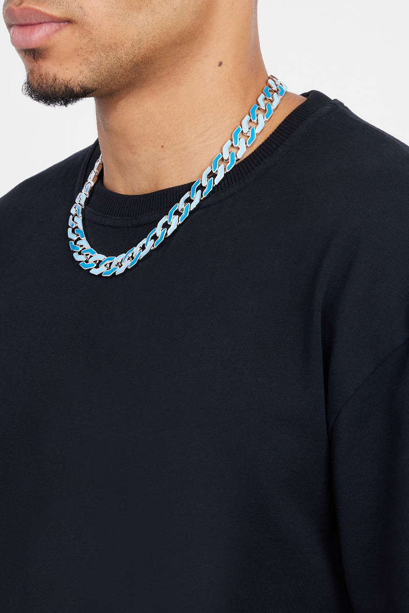 Mixed Blue Enamel And Polished Cuban Chain - White Gold