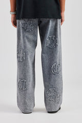 Baggy Raw Edge Applique Jeans - Grey