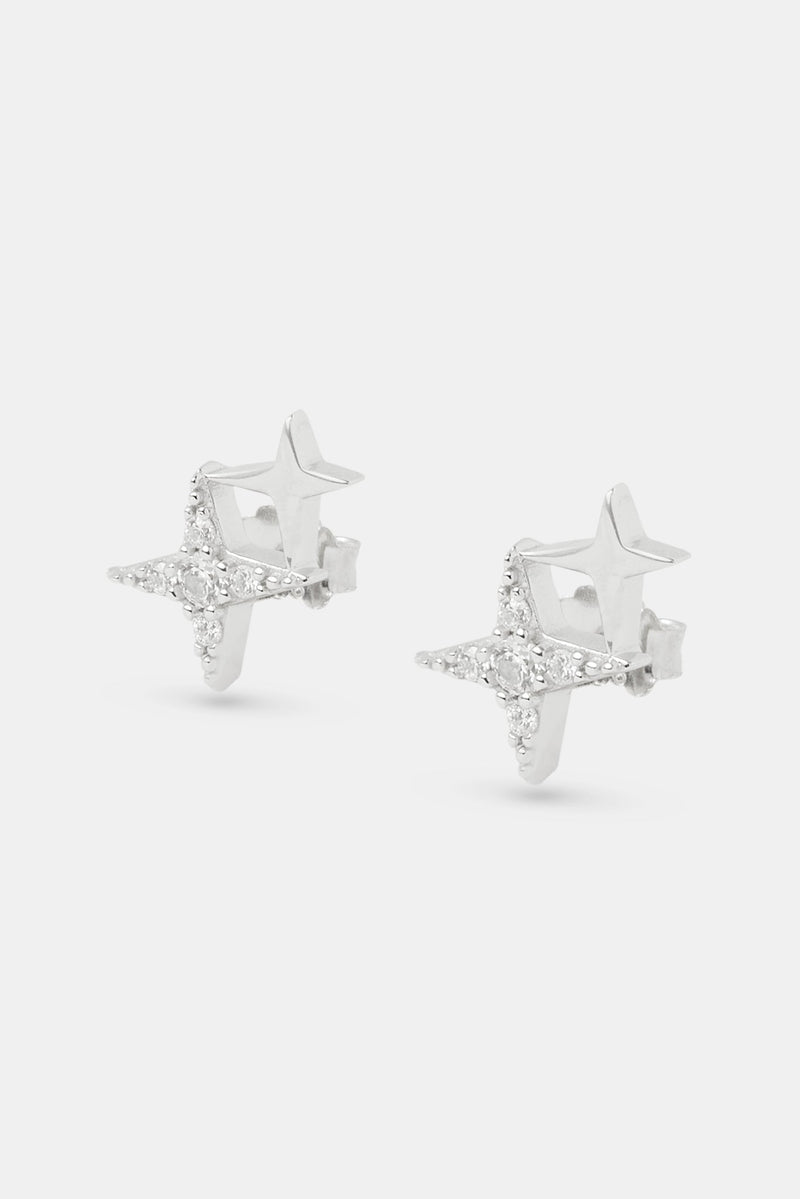 Iced Double Star Stud Earrings - 14mm