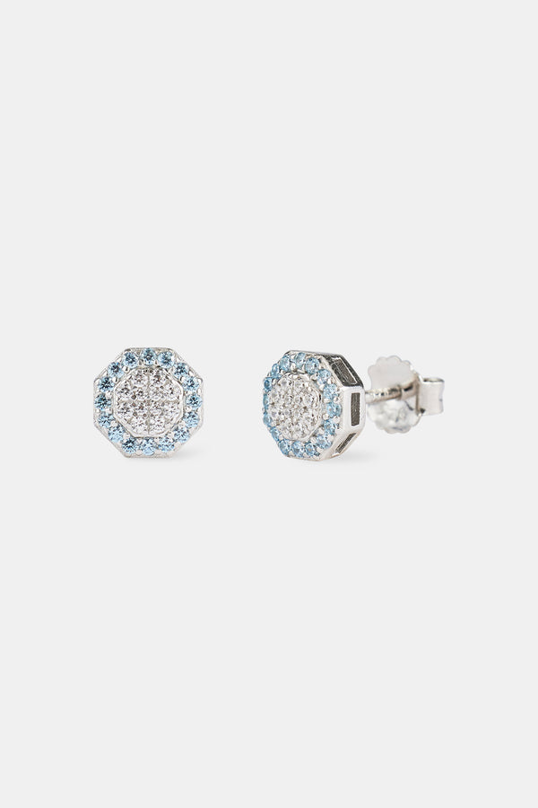 Blue Edge Iced CZ Shape Stud Earrings - 8mm