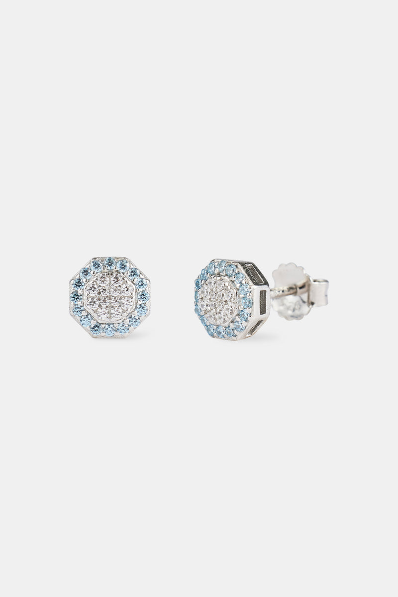 Blue Edge Iced CZ Shape Stud Earrings - 8mm