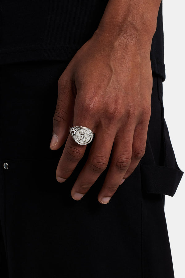 Male model wearing the polished signet ring in sterling silver