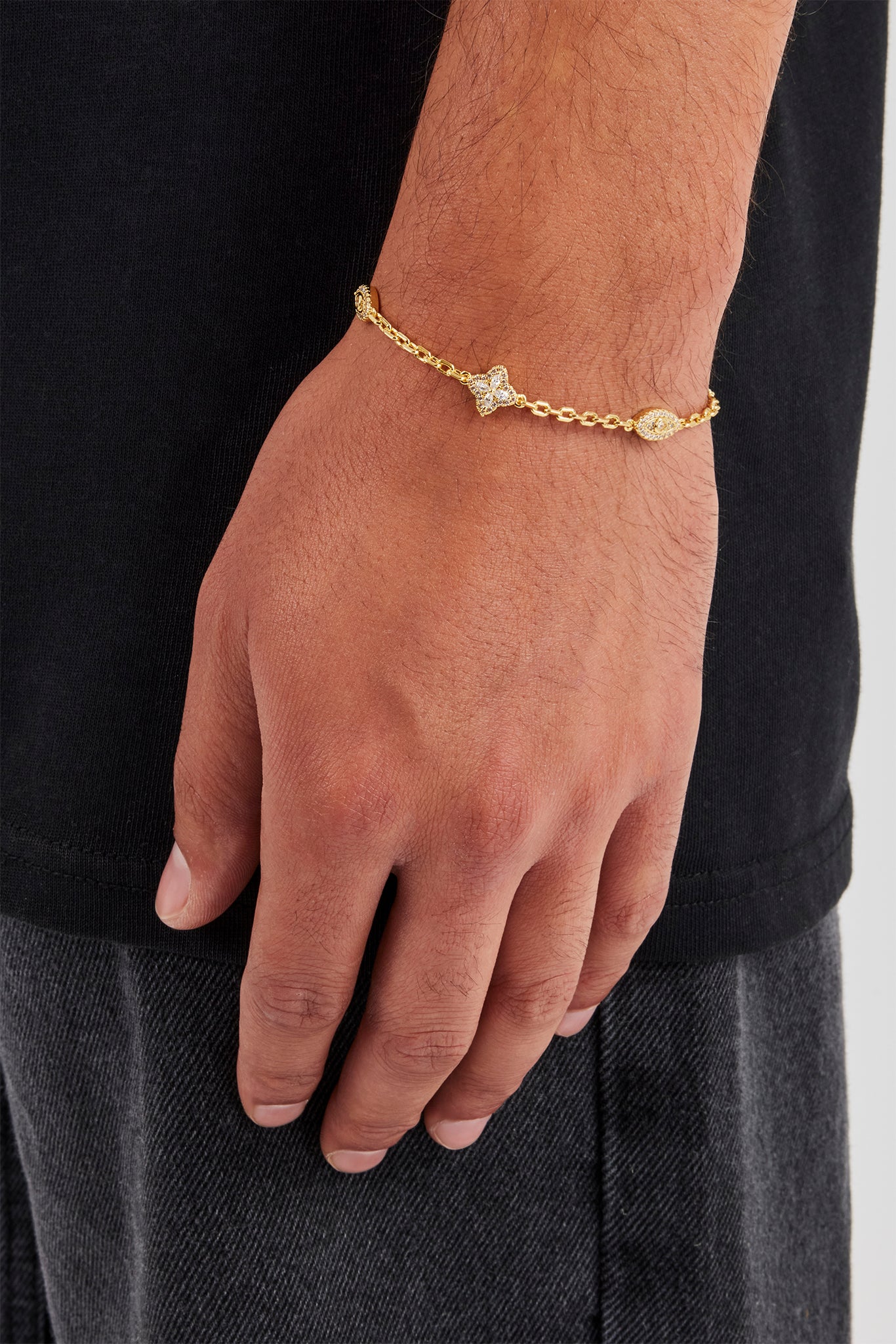 Clear CZ Baguette Motif Rolo Bracelet -  8mm - Gold