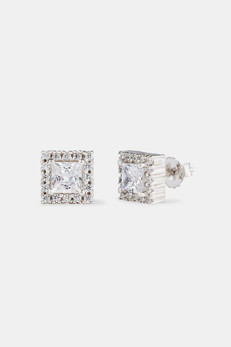 Clear CZ Cluster Square Stud Earrings - 8mm