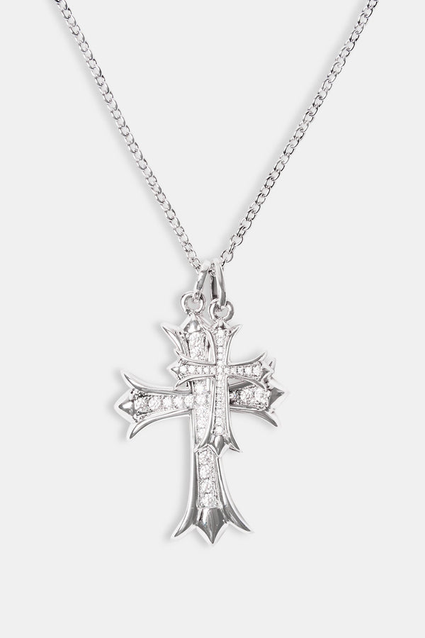 Double Iced Cross Necklace - White - 45mm