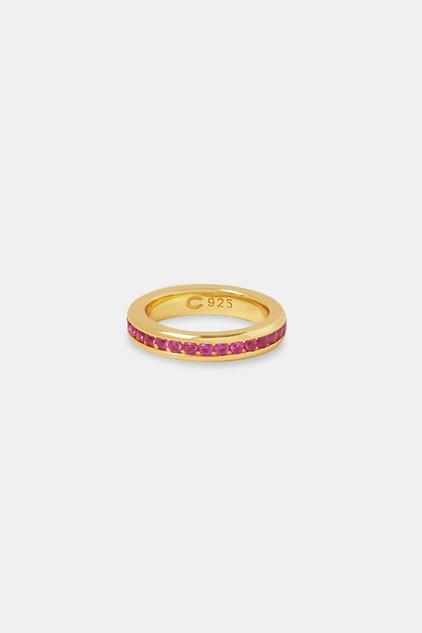 Pink Centre Iced Band Ring - Gold 4mm