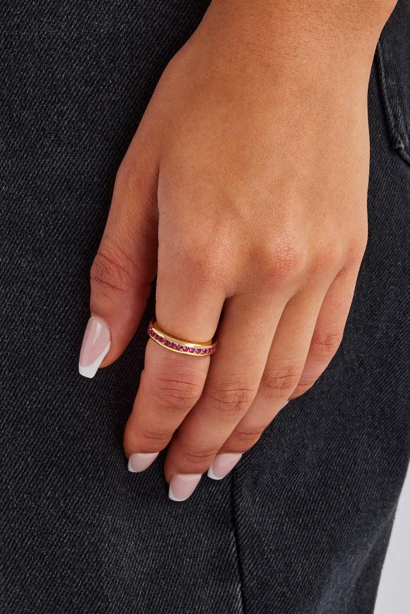 Pink Centre Iced Band Ring - Gold 4mm