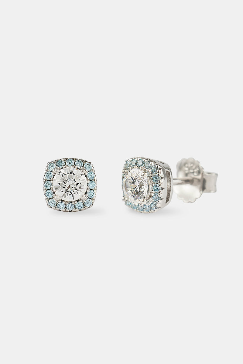 Iced Blue Edge Cluster Stud Earrings - 7mm